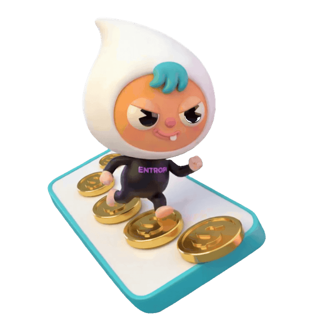NOPI, the ENTROPI mascot, dancing on coins